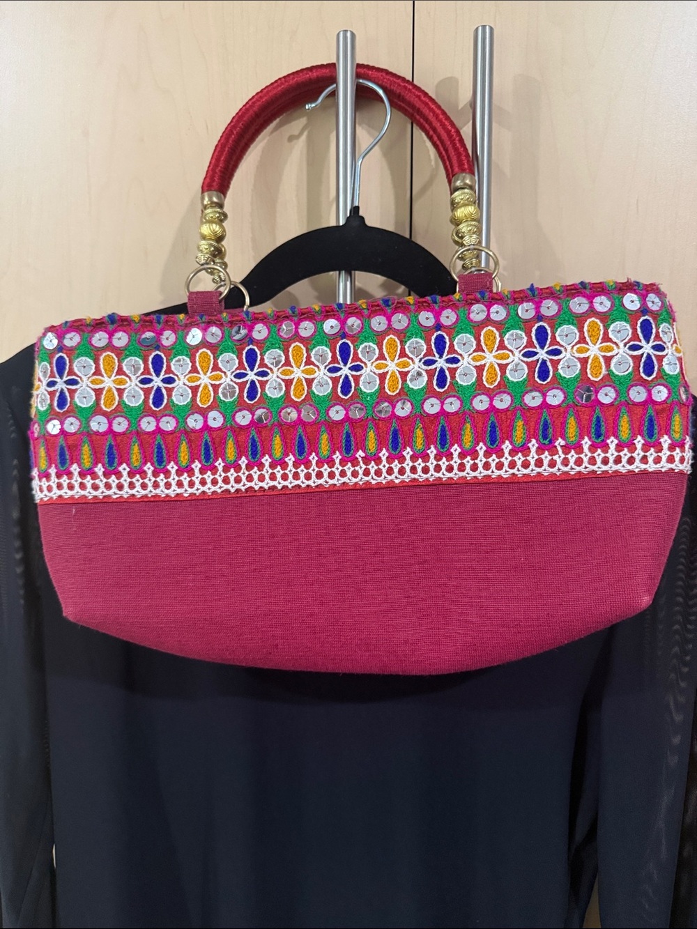 Boho Vintage Embroidered Fuchsia Top-Handle Satchel with Multicolor Trim